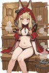  1girl absurdres animal_ear_fluff animal_ears arknights arknights:_endfield arm_belt artist_request belt_collar bikini black_bikini black_collar blonde_hair blush braid braided_bangs cape closed_mouth collar double-parted_bangs ears_through_headwear ears_through_hood embarrassed groin highres hood hood_up hooded_cape long_hair looking_at_viewer low-tied_sidelocks navel red_cape rossi_(arknights) sauna short_hair_with_long_locks sidelocks sitting solo steam stomach straight-on swimsuit wolf_ears yellow_eyes 