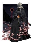  1girl 88rfnzknbhuc5sy absurdres black_capelet black_robe black_sun blindfold_mask blonde_hair border capelet commentary dark_souls_(series) dark_souls_iii english_commentary fire fire_keeper flower full_body highres long_hair mask night outdoors outside_border pink_flower robe sitting solo sun white_border 