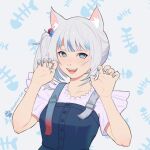  1girl animal_ears arms_up blue_eyes blue_hair blue_nails blue_streaks blush cat_ears chesshiire cube_hair_ornament dice_hair_ornament fish_skeleton_print gawr_gura gawr_gura_(casual) grey_hair hair_ornament highres hololive hololive_english looking_at_viewer multicolored_hair official_alternate_costume open_mouth shark_girl sharp_teeth shirt side_ponytail signature smile solo streaked_hair teeth virtual_youtuber 