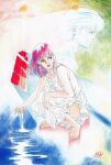  1980s_(style) 1boy 1girl abstract abstract_background barefoot blue_eyes dress earrings fa_yuiry from_side gundam highres jewelry kamille_bidan kneeling looking_at_another medium_hair non-web_source purple_hair red_lips retro_artstyle signature traditional_media umetsu_yasuomi water white_dress window zeta_gundam 