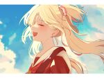  1girl blonde_hair blue_sky brown_dress closed_eyes cloud commentary_request dress flower from_side hair_flower hair_ornament hasu_no_sora_school_uniform highres letterboxed link!_like!_love_live! long_hair love_live! neckerchief open_mouth osawa_rurino red_neckerchief roku_aya_fuyu sailor_collar school_uniform sky smile solo twintails virtual_youtuber white_sailor_collar winter_uniform 