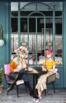  2girls alternate_costume alternate_hairstyle ankle_boots aqua_hair bag bare_shoulders belt between_breasts bikini bikini_top_only bikini_under_clothes blue_hair blue_pants boots bow bracelet breasts cafe casual chair cleavage closed_eyes closed_mouth coffee collarbone contemporary crossed_ankles crossed_legs cup darkstalkers day denim disposable_cup earrings eyewear_on_head floral_print flower food full_body green_hair hair_bow hair_ornament handbag hat head_rest high-waist_pants high_heel_boots high_heels highres holding holding_cup holding_spoon ice_cream jacket jeans jewelry knee_boots lace-up_boots large_breasts leaf light_particles lilith_(darkstalkers) lips long_hair long_skirt looking_at_another looking_at_viewer menu_board morrigan_aensland multiple_girls nail_polish necklace off-shoulder_shirt off_shoulder one_eye_closed open_clothes open_jacket outdoors pants parfait photo_background pink_eyes pink_hair plant potted_plant protected_link rozavamp saucer shirt shoes short_hair short_sleeves siblings sisters sitting skirt smile sneakers socks spoon sun_hat sundae sunglasses swimsuit table teacup tinted_eyewear utensil_in_mouth watch white_bikini white_skirt window wristwatch yellow_shirt 