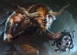  anthro blood cave crouching dead decapitation horn james_ryman looking_at_viewer magic_the_gathering male minotaur muscles official_art open_mouth pelt perspective polearm raining severed_head snake_hair snarling solo spear vein warrior 