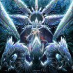  1boy 1girl absurdres ancient_egyptian_clothes ankh_print blue-eyes_ultimate_dragon blue_eyes breasts carrying carrying_person completely_nude deep-eyes_white_dragon dragon duel_monster glowing glowing_eyes halo headdress highres kisara_(yu-gi-oh!) liguangze multiple_heads multiple_wings nude open_mouth priest_seto princess_carry scales space star_(sky) tail white_scales wings yu-gi-oh! yu-gi-oh!_duel_monsters 
