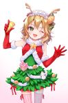  1girl antlers box christmas commentary_request dress elbow_gloves fur_trim gift gift_box gloves hairband horns idolmaster idolmaster_cinderella_girls lolita_hairband looking_at_viewer one_eye_closed open_mouth party_popper reindeer_antlers sakurai_momoka smile solo star_(symbol) thighhighs zero7shi zettai_ryouiki 