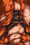  anthro arcanine black_fur canine cream_fur fangs fur goldenfur male mammal markings muscles nintendo nude orange_fur pok&eacute;mon red_fur solo tongue upside_down video_games waddledox 