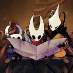 1:1 2_horns ambiguous_gender antennae_(anatomy) anthro arthopod bench biped black_body black_eyes cloak clothed clothing empty_eyes female_(lore) gorusiti group half_sister_(lore) hi_res holding_map holding_quill hollow_knight:_silksong hollow_knight_(franchise) horn hornet_(hollow_knight) larger_ambiguous loose_feather map melee_weapon nail_(weapon) on_bench quill red_cloak red_clothing shakra_(hollow_knight:_silksong) sibling_(lore) sister_(lore) sitting sitting_on_bench size_difference smaller_ambiguous team_cherry the_knight_(hollow_knight) trio vessel_(species) weapon weapon_on_back yellow_clothing 