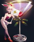  1girl :d alcohol animal_ears armpit_crease bare_arms bare_shoulders bent_over black_background black_bow black_bowtie bow bowtie breasts bubble cherry clothing_cutout cocktail_glass collar collarbone crossdressing crossed_legs cup darkstalkers detached_collar drinking_glass ecstasy eyelashes fake_animal_ears fake_tail fangs fishnet_pantyhose fishnets food fruit full_body gradient_background green_bow green_ribbon hair_between_eyes hairband high_heels highleg highleg_leotard highres holding holding_sign leaning leaning_forward leaning_on_object leotard light_particles lightning_bolt_symbol lilith_(darkstalkers) looking_at_viewer male_focus male_playboy_bunny open_mouth orange_eyes oversized_food oversized_object pantyhose pectoral_cleavage pectorals pink_hair playboy_bunny protected_link pumps rabbit_ears rabbit_tail red_eyes red_hairband red_leotard ribbon rozavamp shiny_clothes shoes short_hair sign simple_background small_breasts smile solo standing stiletto_heels strapless strapless_leotard tail teeth traditional_bowtie trap upper_teeth_only v-shaped_eyebrows water_drop watson_cross white_collar white_hair white_wrist_cuffs wrist_cuffs yellow_eyes 