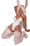  1girl alternate_costume animal_ears arm_behind_head arm_up bare_arms bare_shoulders black_bow black_bowtie boku_no_hero_academia bow bowtie breasts cleavage commentary covered_abs covered_navel dark-skinned_female dark_skin detached_collar english_commentary feet hand_rest heart highleg highleg_leotard highres john_fox kneeling large_breasts leaning_back leotard long_eyelashes long_hair looking_at_viewer mirko nail_polish parted_bangs playboy_bunny rabbit_ears rabbit_girl red_eyes simple_background smile solo strapless strapless_leotard teeth thick_thighs thighhighs thighs toes toned toned_female traditional_bowtie upper_teeth_only very_long_hair white_background white_hair white_leotard white_thighhighs 