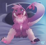  2014 ambiguous_gender anthro bed blue_eyes chest_tuft claws cub cute dessy dragon drooling fur furred_dragon looking_at_viewer nude open_mouth pawpads paws pillow purple_fur ribbons rudragon saliva solo tongue tongue_out tuft unknown_species young 
