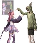  1boy 1girl anger_vein angry arguing asymmetrical_legwear bags_under_eyes black_shorts black_streaks blush camila_(vtuber) character_hood christmas_tree clenched_hand derivative_work dgucedunno diamond_print english_commentary flipped_hair frilled_thigh_strap from_side green_hoodie hair_between_eyes hat heart heart_print highres hood hood_up hoodie indie_virtual_youtuber kermit_the_frog long_hair long_sleeves looking_at_another mini_party_hat mismatched_thighhighs multicolored_hair muppets neck_ruff open_mouth party_hat pink_hair pink_socks pink_thighhighs pocket pointing pointing_at_another pointy_ears pom_pom_(clothes) profile puffy_long_sleeves puffy_sleeves purple_hat purple_skirt purple_thighhighs reference_inset screenshot_redraw shorts simple_background skirt sleeves_past_wrists socks standing streaked_hair striped_clothes striped_socks striped_tail striped_thighhighs tail thigh_strap thighhighs two_side_up uneven_legwear v-shaped_eyebrows vedal987 vedal_ai vertical-striped_clothes vertical-striped_thighhighs virtual_youtuber vrchat white_background white_socks white_streaks 