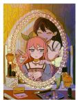  2girls absurdres animated animated_gif aubrey_(faraway)_(omori) aubrey_(omori) black_eyes blush bow_hairband bright_pupils closed_mouth collarbone green_eyes green_nails hair_behind_ear hairband highres jewelry long_hair long_sleeves looking_at_another looking_at_mirror makeup mari_(faraway)_(omori) mari_(omori) milkymilkyshark mirror multiple_girls necklace omori open_mouth parted_lips purple_hair purple_nails reflection reflection_focus smile white_pupils 