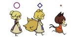  3girls animal_ears bakeneko blonde_hair blue_tabard bow brown_hair cat_ears cat_girl cat_tail chen chibi chibi_only closed_eyes dress fox_ears fox_girl fox_tail frilled_skirt frills from_side full_body hair_bow kitsune long_sleeves looking_ahead looking_at_another medium_skirt missing_headwear multiple_girls multiple_tails outstretched_arms profile purple_tabard red_bow red_skirt red_vest running shirt short_hair_with_long_locks skirt standing tabard tail touhou uewtsol vest walking white_background white_dress white_shirt yakumo_ran yakumo_yukari 