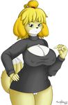  2014 alpha_channel animal_crossing anthro big_breasts black_sweater blonde_hair bottomless breasts brown_eyes canine cleavage clothed clothing dissapointed dog female frown fur glare hair half-dressed isabelle_(animal_crossing) keyhole_turtleneck looking_at_viewer mammal marukomuru nintendo nipple_bulge plain_background pointing pussy solo sweater thick_thighs transparent_background upset video_games wide_hips yellow_fur 