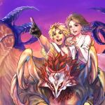  1boy 1girl black_gloves black_overalls blonde_hair brown_hair chain chain_necklace detached_sleeves final_fantasy final_fantasy_x gloves hand_on_another's_shoulder highres hood hood_down hooded_jacket jacket japanese_clothes jewelry necklace nexeee open_mouth outdoors overalls pointing riding riding_animal shirt smile tidus twitter_username upper_body valefor white_shirt white_sleeves wide_sleeves yellow_jacket yuna_(ff10) 