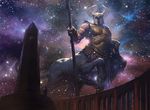  architecture armor deity faceless helmet holding_weapon hooves iroas macro magic_the_gathering male night obelisk official_art one_leg_up polearm shield sky slawomir_maniak spear standing star taur weapon 