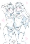  3girls apron arm_up armpits asymmetrical_docking bikini blush bow bowtie breast_press breasts commentary detached_collar elbow_gloves enmaided eyepatch_bikini gloves greyscale hair_ornament hairpin highres large_breasts long_hair looking_at_viewer maid maid_apron maid_headdress misaka_mikoto monochrome multiple_girls navel shirai_kuroko shokuhou_misaki short_hair sioo_1029 sketch small_breasts swimsuit thighhighs toaru_kagaku_no_railgun toaru_majutsu_no_index traditional_bowtie twitter_username very_long_hair waist_apron white_background 