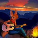  2014 anthro bonfire canine canyon clothed clothing cloud cute ear_piercing fennec fire fox fur guitar hair jamesfoxbr male mammal musical_instrument night outside piercing sitting sky smile solo 