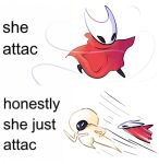 2025 angry anthro arthropod attack biped black_body black_eyes cloak clothing duo empty_eyes english_text female fernshawart hollow_knight:_silksong hollow_knight_(franchise) hornet_(hollow_knight) humanoid lace_(hollow_knight:_silksong) meme motion_lines mouthless multiple_images red_cloak red_clothing running running_away silk simple_background solo team_cherry text white_background white_body white_eyes