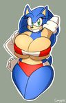  2014 anthro big_breasts blue_hair blush breasts cleavage clothed clothing crossgender female green_eyes hair hedgehog huge_breasts looking_at_viewer mammal sega smile solo sonic_(series) sonic_the_hedgehog supersonicrulaa swimsuit 