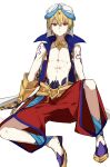  1boy arm_tattoo blonde_hair closed_mouth commentary_request earrings fate/grand_order fate_(series) gauntlets gilgamesh_(caster)_(fate) gilgamesh_(fate) hair_between_eyes high_collar highres jewelry korean_commentary lkl_0010 looking_at_viewer male_focus red_eyes short_hair simple_background single_gauntlet sitting solo tattoo topless_male turban vest white_background white_turban 