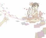  1girl 1other ascot black_hair bloomers bow collared_shirt detached_sleeves full_body hair_bow hair_ornament hairpin hakurei_reimu holding_sewing_needle medium_hair out_of_frame ponytail red_bow red_shirt red_skirt scissors shirt sidelocks sideways_glance sitting skirt sleeveless sleeveless_shirt square stitching string string_of_fate touhou uewtsol wariza white_background white_bloomers white_sleeves yellow_ascot 