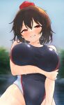  1girl arm_under_breasts blush breasts competition_swimsuit hat heart highleg highleg_one-piece_swimsuit highres hinben large_breasts looking_at_viewer multicolored_swimsuit nature one-piece_swimsuit red_eyes red_hat shameimaru_aya short_hair smile solo spoken_heart swimsuit thighs tokin_hat touhou 