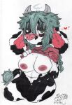 anthro big_breasts big_ears blush blush_lines bovid bovine breasts cattle clothed clothing clothing_lift female floppy_ears genitals green_eyes hair hi_res holstein_friesian_cattle looking_at_viewer mammal mootsncompany mumei_(mootsncompany) partially_clothed shirt shirt_lift shy sitting sketch slightly_chubby solo tail tail_tuft teal_hair topwear traditional_media_(artwork) tuft vulva