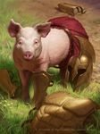  armor clothing feral grass helmet james_ryman magic_the_gathering male mammal official_art outside pig porcine post_transformation solo 