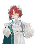  1girl absurdres blue_eyes blue_shawl closed_mouth dress hat highres looking_at_viewer marsha_(reverse:1999) mole mole_under_eye official_alternate_costume open_hands outstretched_arms red_hair reverse:1999 shawl short_hair smile solo upper_body white_background white_dress white_hat xy_mt2528 