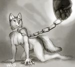  2014 all_fours anthro breasts canine chain claws collar disembodied_hand duo female leash mammal monochrome nipples pregnant sayuncle slave solo_focus wolf 