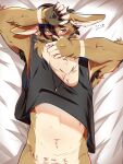 animal_humanoid anthro armpit_hair blush body_hair bottomless brown_hair clothed clothing covering covering_face covering_mouth freckles fur genitals hair hand_covering_face hand_on_head hi_res humanoid jewelry lagomorph lagomorph_humanoid male mammal mammal_humanoid mint_(wintergreenbndy) navel necklace penis shirt solo tan_body tan_fur tank_top topwear topwear_only wintergreenbndy yellow_body yellow_fur