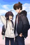  1boy 1other absurdres ahoge alternate_costume amulet androgynous backpack bag black_bag black_hoodie blue_eyes blue_pants braid braided_ponytail cloud cloudy_sky contemporary fate/samurai_remnant fate_(series) highres hood hoodie leanji looking_at_another miyamoto_iori_(fate) open_mouth orange_eyes other_with_male pants shirt single_braid sky smile topknot white_shirt yamato_takeru_(fate) 