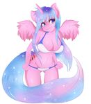  anthro big_breasts bikini blue_eyes breasts cleavage clothed clothing cutie_mark equine fan_character feathers female fur hair horn kurikko long_hair looking_at_viewer mammal multicolored_hair my_little_pony navel nekocakeart pink_fur plain_background smile solo standing swimsuit winged_unicorn wings 