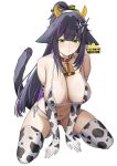  1girl animal_ears animal_print arknights bell bikini black_hair breasts cassava_sketch cat_ears cat_girl cat_tail cow_horns cow_print cow_print_bikini cow_print_thighhighs fake_horns green_eyes highres horns jessica_(arknights) large_breasts long_hair looking_down print_bikini print_thighhighs purple_hair simple_background smile swimsuit tail thighhighs white_background 