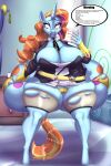  2:3 absurd_res anthro big_breasts big_butt blues64 breasts butt butt_grab butt_growth camel_toe cleavage clothed clothing cutie_mark english_text equid equine female friendship_is_magic hand_on_butt hasbro hi_res horn mammal my_little_pony mythological_creature mythological_equine mythology sassy_saddles_(mlp) simonaquarius solo text thick_thighs torn_clothing unicorn warning_label 