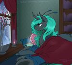  2014 bed blanket changeling cup drink fan_character female feral lying my_little_pony phathusa smile solo 