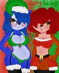  anthro big_breasts blue_fur blue_hair blush breasts brown_eyes brown_fur christmas chubby cleavage clothed clothing color cute dim discordmelody duo eyewear female fluff freckles fur garter glasses hair hat holidays holly_(plant) jasmine_ivory legwear looking_at_viewer mammal navel plant red_hair rodent smile squirrel stockings 