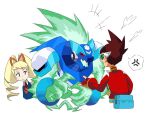 1girl 2boys anger_vein armor blonde_hair blue_armor bow brown_hair claws drill_hair fingerless_gloves geo_stelar_(mega_man) gloves green-tinted_eyewear hair_bow kudo_nguyen luna_platz_(mega_man) mega_man_(series) mega_man_star_force_(series) multiple_boys omega-xis_(mega_man) orange_bow red_eyes red_gloves simple_background spoken_anger_vein tinted_eyewear twin_drills white_background 