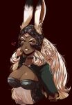  absurdres animal_ear_fluff animal_ears black_choker black_helmet black_shrug breasts brown_background choker cleavage cropped_torso dark-skinned_female dark_skin final_fantasy final_fantasy_xii fran_(ff12) helmet highres ishmi large_breasts long_hair midriff navel parted_lips rabbit_ears rabbit_girl red_eyes see-through_clothes shrug_(clothing) sidelocks smile teeth twitter_username viera white_hair 