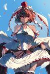  1girl absurdres alternate_costume ametonalu black_thighhighs blue_sky breasts brown_hair brown_wings closed_mouth commentary_request day detached_sleeves falling_feathers feathered_wings feathers garter_straps hat highres holding_own_skirt large_breasts looking_at_viewer pointy_ears pom_pom_(clothes) red_eyes red_hat shameimaru_aya shirt short_hair sideboob sky sleeveless sleeveless_shirt solo thighhighs tokin_hat touhou white_feathers white_shirt wings 