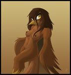  anthro avian beak bird breasts brown_body brown_feathers brown_hair digital_media_(artwork) feathered_wings feathers female hair hi_res katnay long_hair looking_away navel nipples non-mammal_breasts non-mammal_nipples nude pose simple_background solo translucent translucent_hair wide_hips winged_arms wings yellow_eyes 