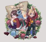  1boy 1girl 2025 akzk_kh antlers artist_name bell bell_ringing blonde_hair blue_eyes box brown_hair brown_shoes candle chibi chibi_only christmas christmas_ornaments christmas_present christmas_wreath closed_mouth dated fake_antlers final_fantasy final_fantasy_x full_body fur-trimmed_jacket fur_trim gift gift_box green_eyes grin hair_between_eyes hand_to_own_mouth heterochromia highres holding holding_bell holding_candle hood hoodie horns jacket merry_christmas overalls pantyhose parted_bangs parted_lips plaid_clothes plaid_overalls purple_skirt red_hoodie reindeer_antlers shoes short_hair skirt smile snowman_hair_ornament standing teeth tidus twitter_username white_background white_pantyhose wreath yuna_(ff10) 