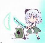  1girl 216 black_bow black_bowtie black_hairband bow bowtie chibi chibi_only closed_mouth collared_shirt commentary_request frilled_skirt frills frown full_body green_skirt green_vest grey_eyes grey_hair hairband hitodama hitodama_print holding holding_sword holding_weapon katana konpaku_youmu konpaku_youmu_(ghost) long_hair shirt short_sleeves signature skirt skirt_set solo sword touhou vest weapon white_shirt 