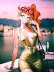  ai-generated balcony breasts cleavage cleavage_cutout clothing_cutout cup dress drinking_glass earrings eyewear_on_head fingernails highres jewelry long_fingernails looking_to_the_side mirachumakes nipples non-web_source pokemon pokemon_sword_and_shield ribbon smirk sonia_(pokemon) wine_glass 