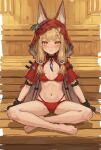  1girl absurdres animal_ear_fluff animal_ears arknights arknights:_endfield arm_belt artist_request belt_collar bikini black_collar black_gloves blonde_hair blush braid braided_bangs cape collar double-parted_bangs ears_through_headwear ears_through_hood embarrassed fingerless_gloves full_body gloves highres hood hood_up hooded_cape indian_style long_hair low-tied_sidelocks multi-strapped_bikini_bottom red_bikini red_cape rossi_(arknights) sauna short_hair_with_long_locks sidelocks sitting solo straight-on swimsuit wolf_ears yellow_eyes 