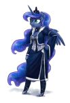 2016 anthro back_wings blue_body blue_clothing blue_dress blue_eyes blue_fur blue_hair breasts cleavage clothed clothing crown dress equid equine female footwear friendship_is_magic fur hair hand_on_hip hasbro headgear hi_res high_heels highlights_(coloring) hoof_hands hooves horn king-kakapo legwear mammal my_little_pony mythological_creature mythological_equine mythology princess_luna_(mlp) purple_highlights shoes side_slit side_slit_dress simple_background slit_dress smile solo sparkles sparkling_hair stockings thigh_highs unguligrade white_background winged_unicorn wings