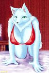  2008 5_fingers all_fours anthro big_breasts breasts canine chest_tuft cleavage clothed clothing cocolog dress female fur green_eyes looking_at_viewer mammal roko_(cocolog) solo tuft white_fur wolf 