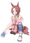  1girl animal_ears asymmetrical_clothes asymmetrical_footwear asymmetrical_pants bare_shoulders blue_eyes blush breasts brown_hair closed_mouth clothes_around_waist collarbone denim full_body fur-trimmed_jacket fur_trim hair_between_eyes horse_ears horse_girl horse_tail horseshoe jacket jacket_around_waist jeans long_sleeves mismatched_footwear narita_taishin_(nevertheless)_(umamusume) narita_taishin_(umamusume) pants pink_jacket shirt shoes short_hair simple_background single_pantsleg sitting small_breasts solo tail tank_top torn_clothes torn_jeans torn_pants umamusume yellow_shirt yellow_tank_top youdie 