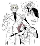  1boy 1girl anger_vein arm_around_neck arm_up blonde_hair blush cape closed_eyes covered_collarbone cowboy_shot epaulettes frilled_sleeves frills gloves hair_over_one_eye hands_on_another's_arm highres jacket leaning_forward long_hair long_sleeves looking_to_the_side medium_hair one_eye_closed open_mouth original pants purple_eyes rain red_hair shirt short_hair simple_background sketch spot_color thai_text three-finger_salute translation_request unholymilk very_long_hair wet white_background yellow_eyes 